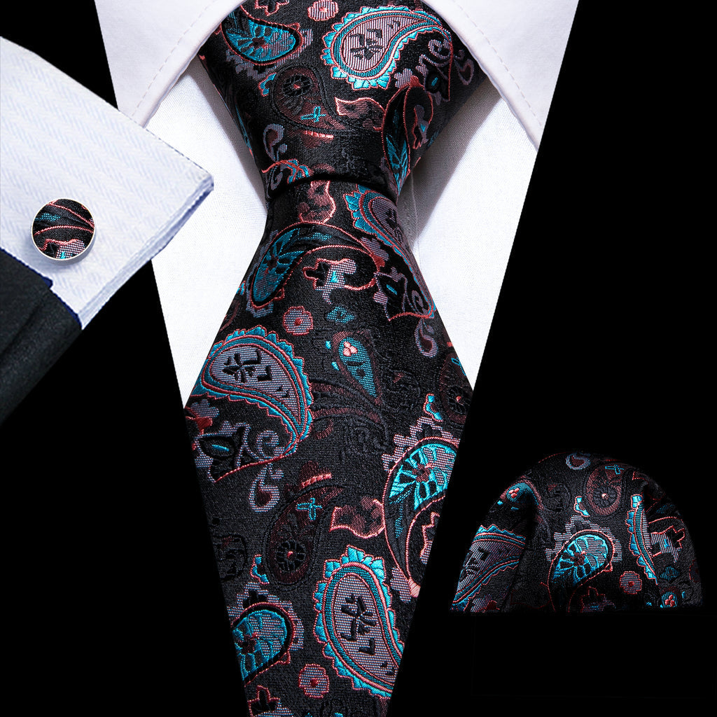 Black White Paisley Silk Tie Set - GentCrest