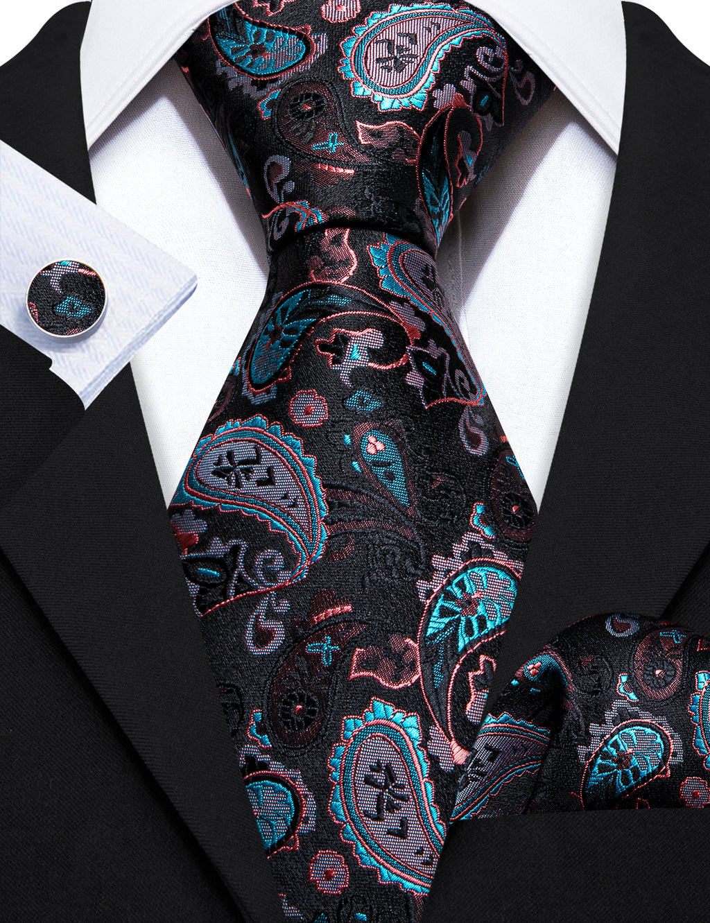 Black White Paisley Silk Tie Set - GentCrest - View 5