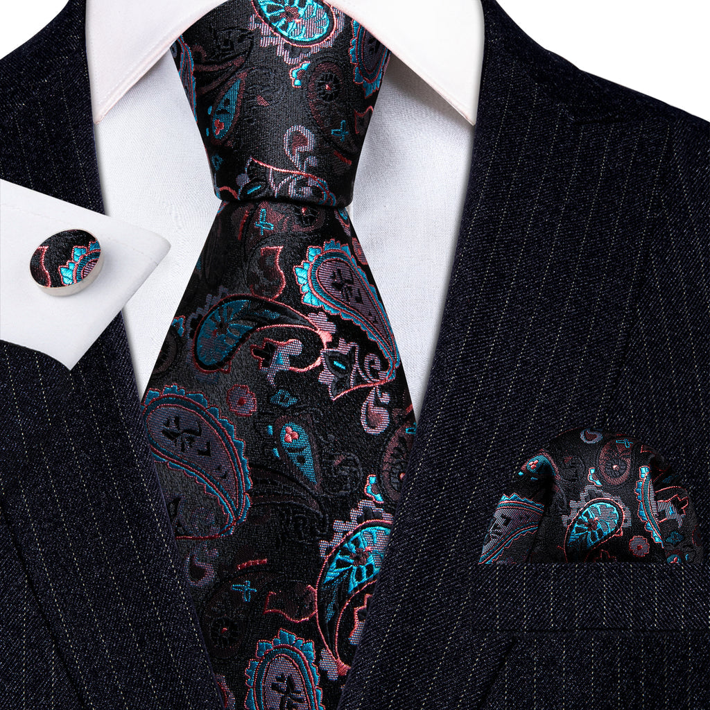 Black White Paisley Silk Tie Set - GentCrest - View 2