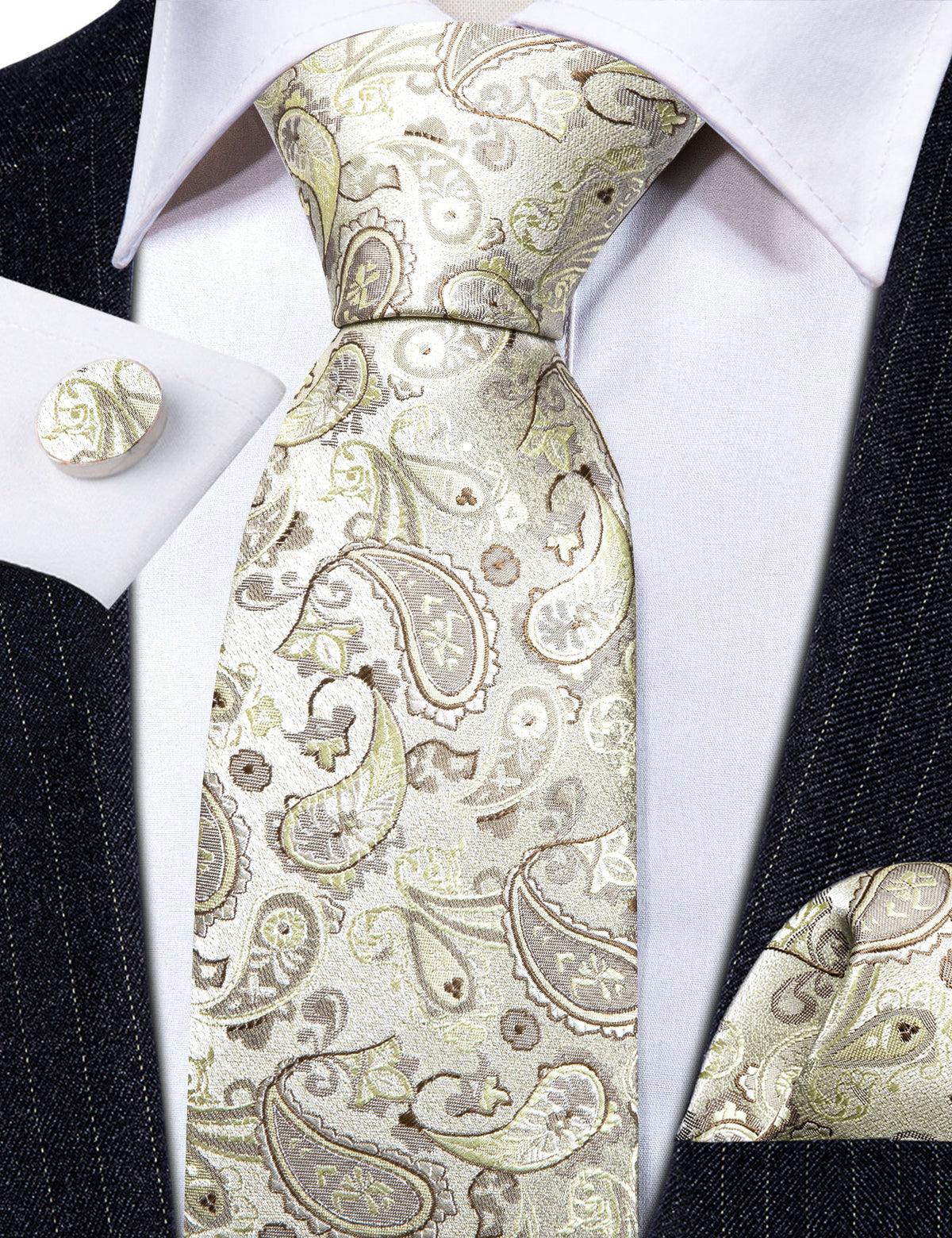 Light Yellow Paisley Silk Tie Set - GentCrest - View 4