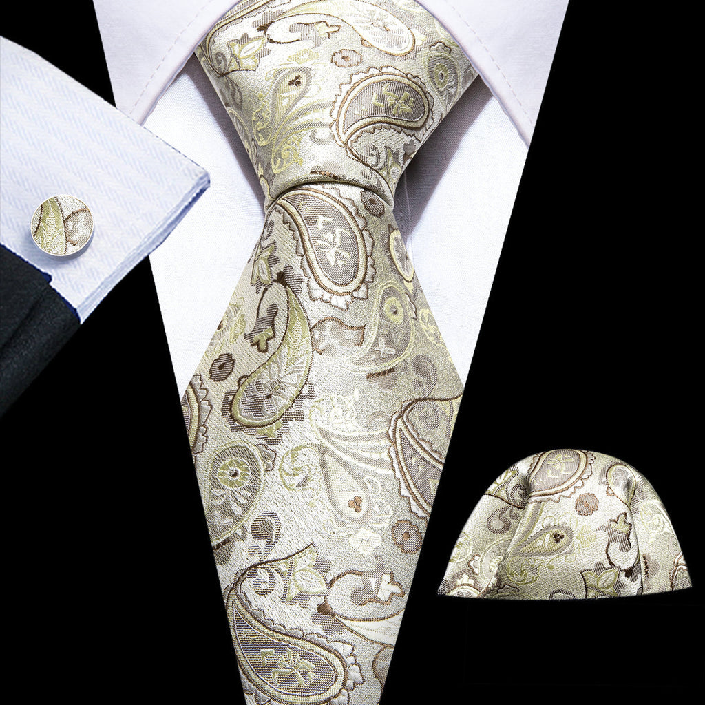 Light Yellow Paisley Silk Tie Set - GentCrest
