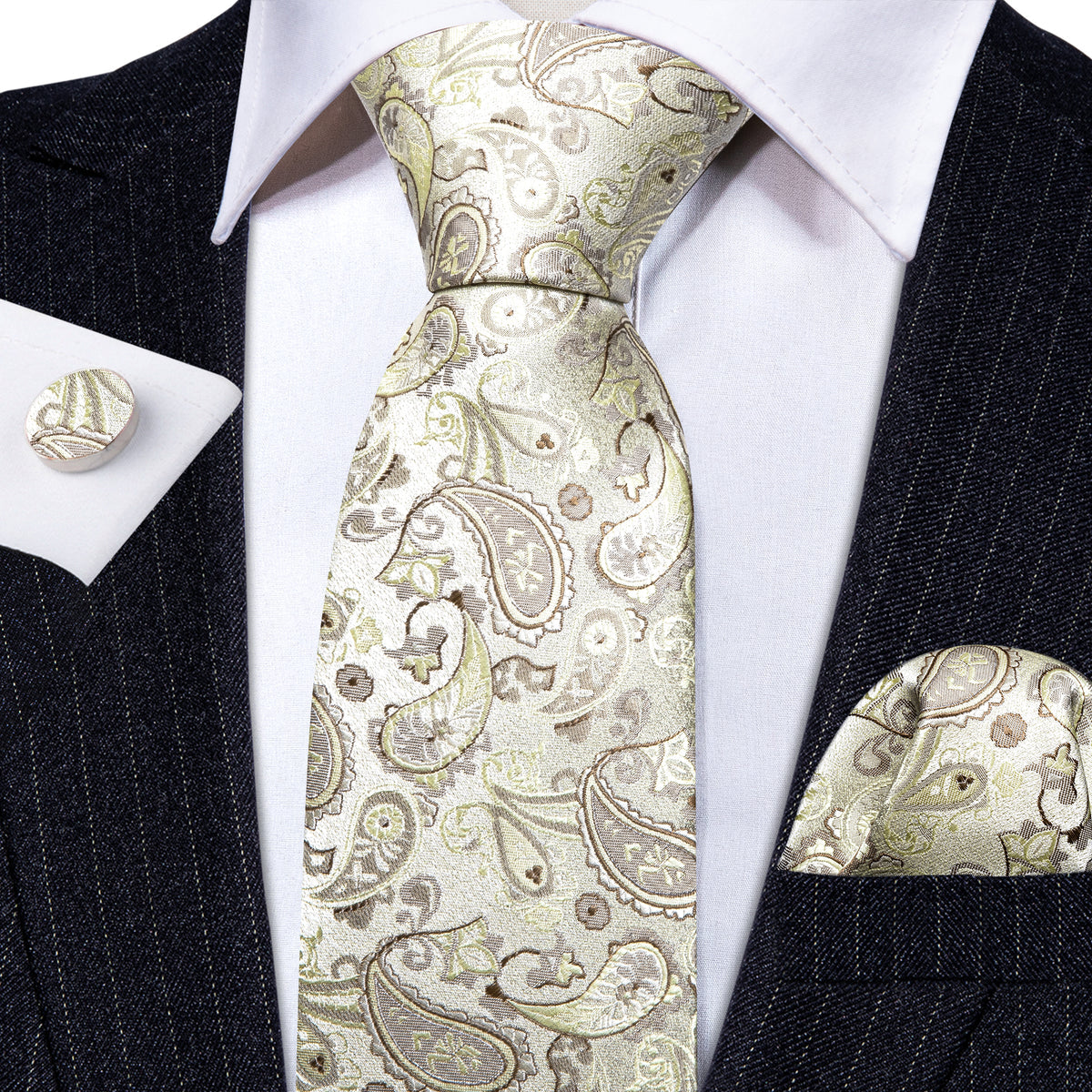 Light Yellow Paisley Silk Tie Set - GentCrest - View 2