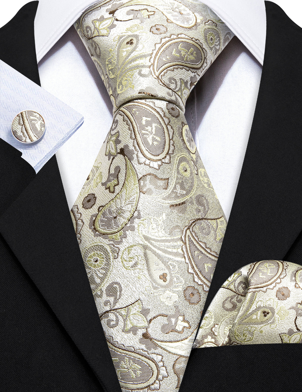 Light Yellow Paisley Silk Tie Set - GentCrest - View 3