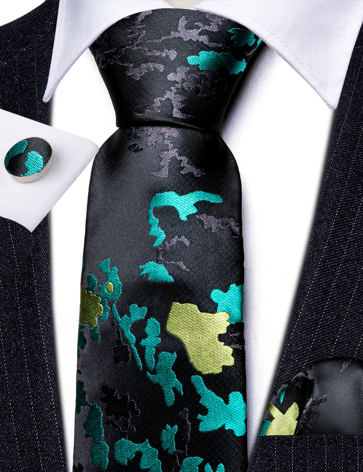 Black Blue Novetly Floral Silk Tie Set - GentCrest - View 5