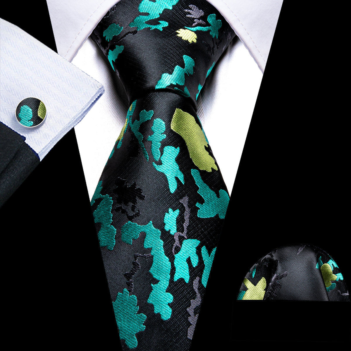 Black Blue Novetly Floral Silk Tie Set - GentCrest