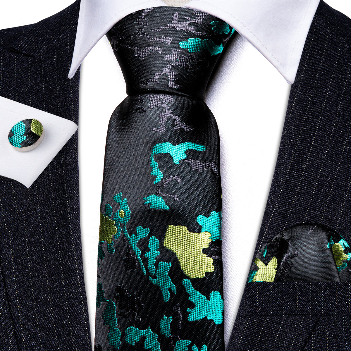Black Blue Novetly Floral Silk Tie Set - GentCrest - View 2