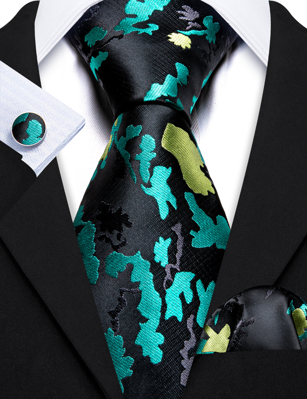 Black Blue Novetly Floral Silk Tie Set - GentCrest - View 3
