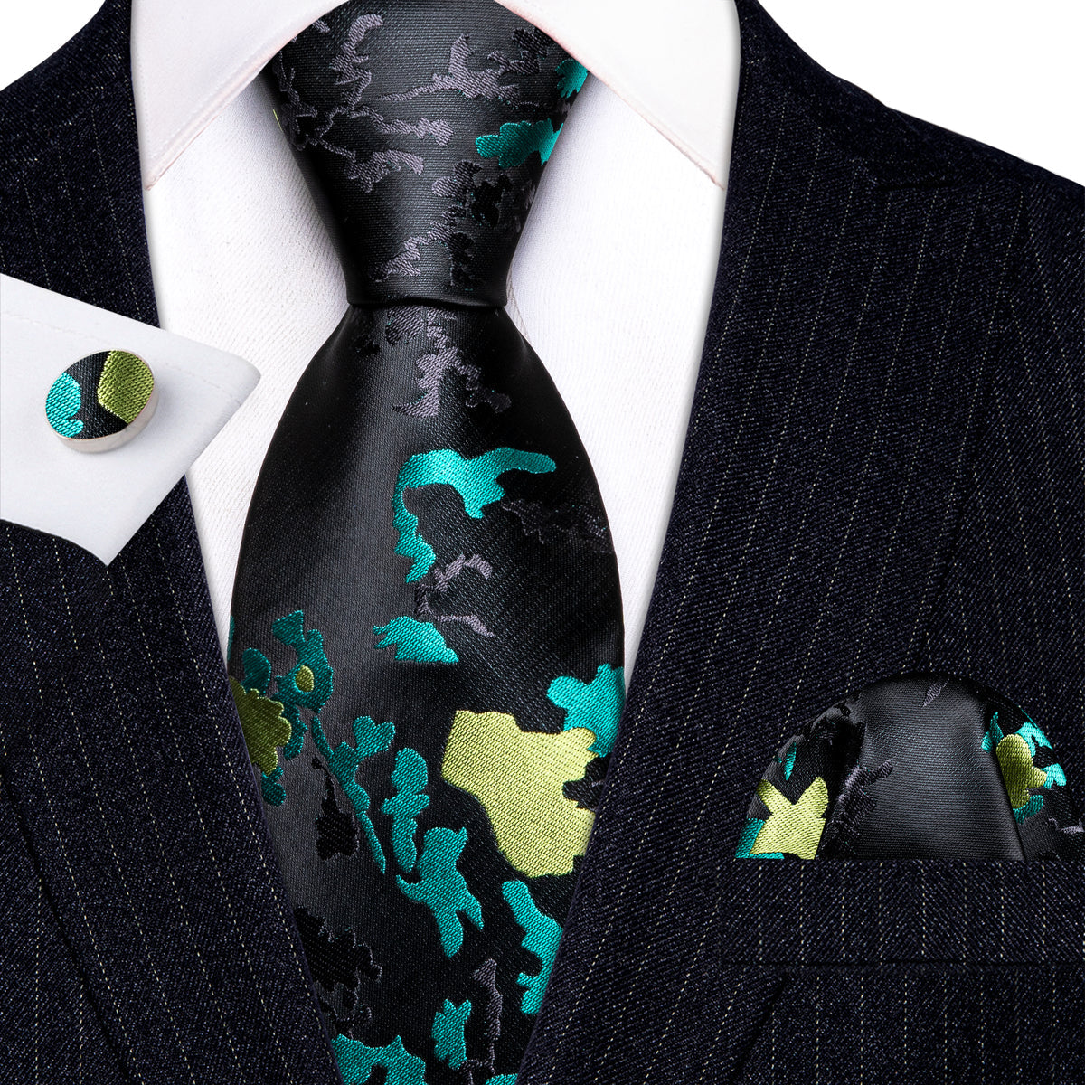 Black Blue Novetly Floral Silk Tie Set - GentCrest - View 4