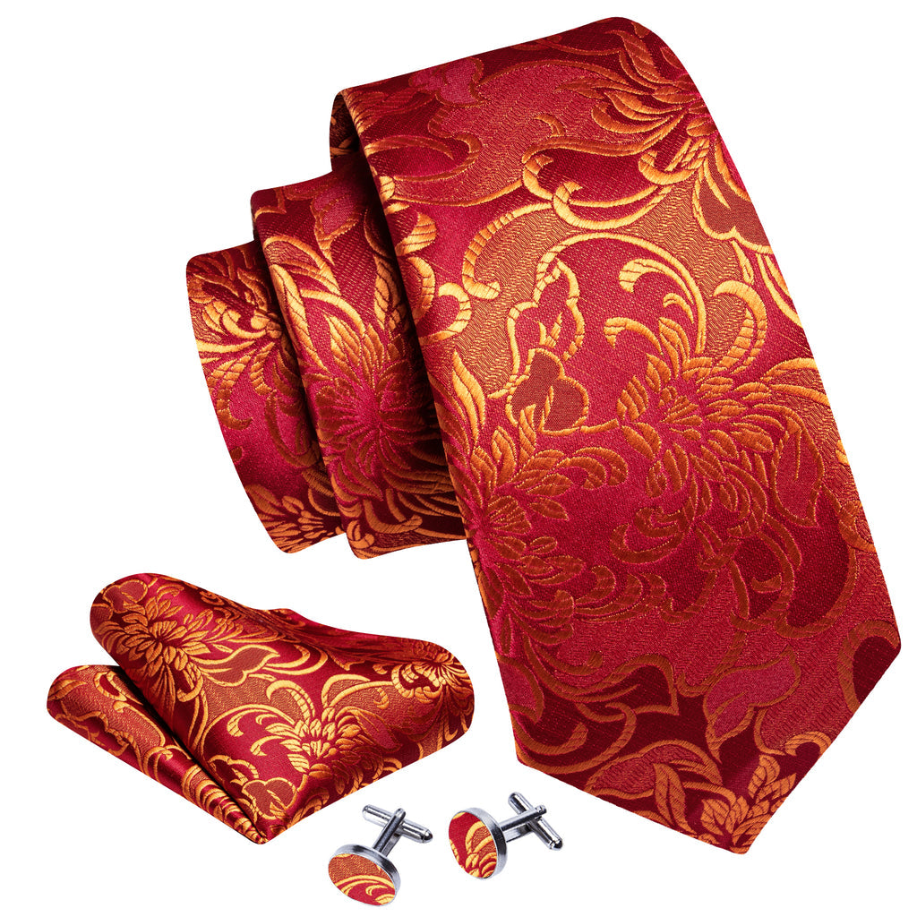 Red Gold Floral Paisley Silk Tie Set - GentCrest - View 3