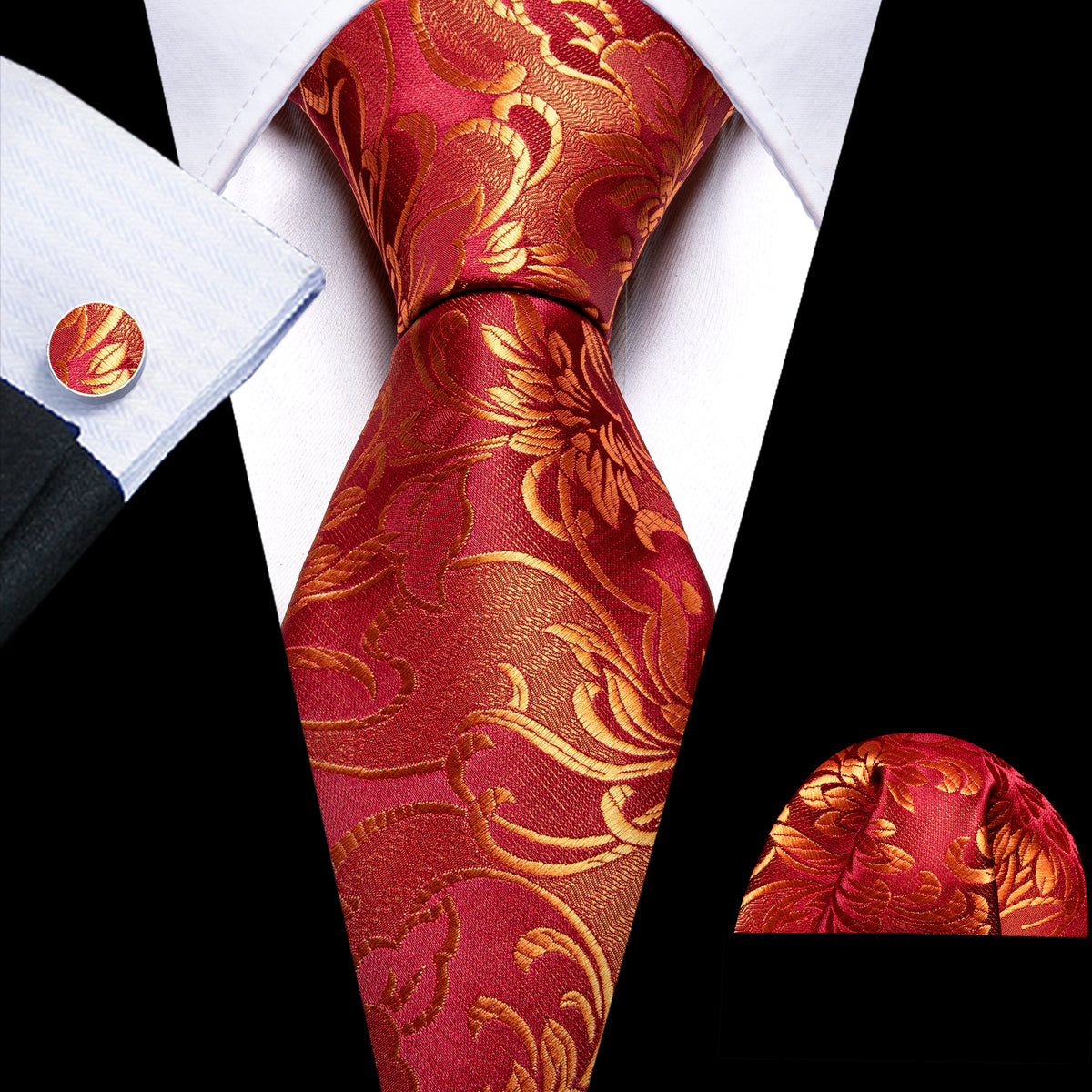 Red Gold Floral Paisley Silk Tie Set - GentCrest