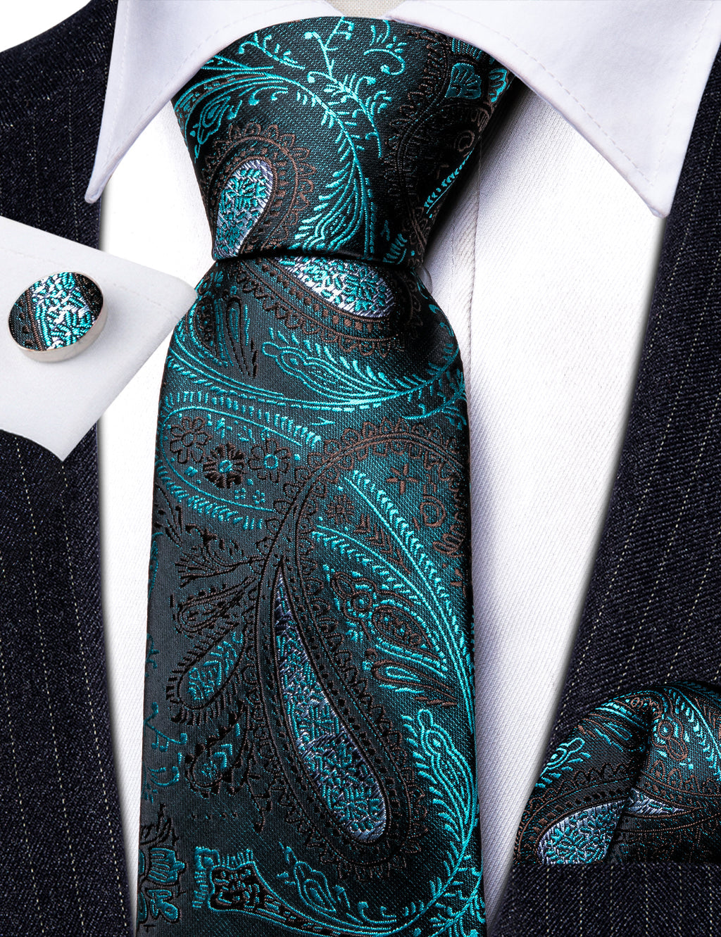 Black Blue Paisley Silk Tie Set - GentCrest - View 5