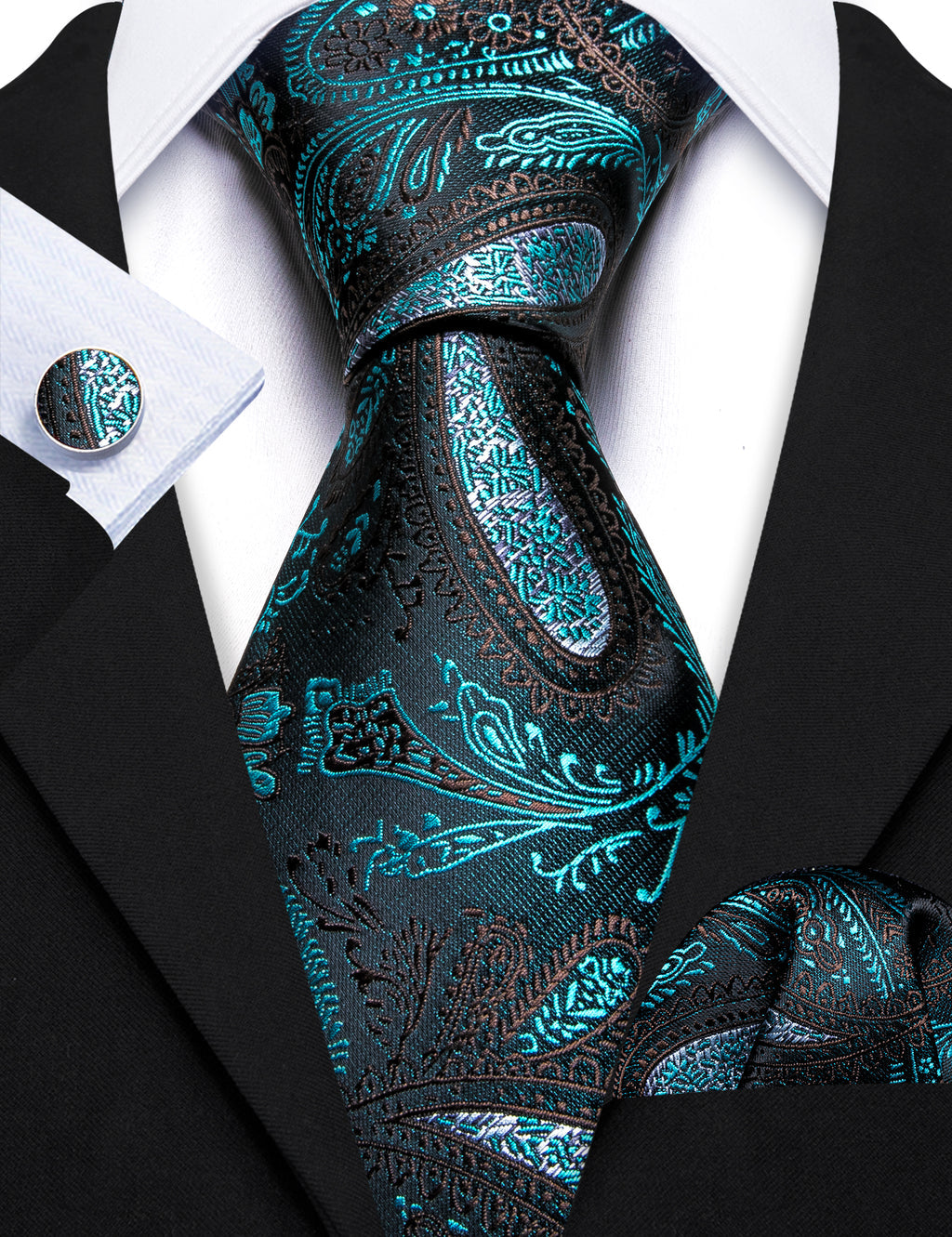 Black Blue Paisley Silk Tie Set - GentCrest - View 4