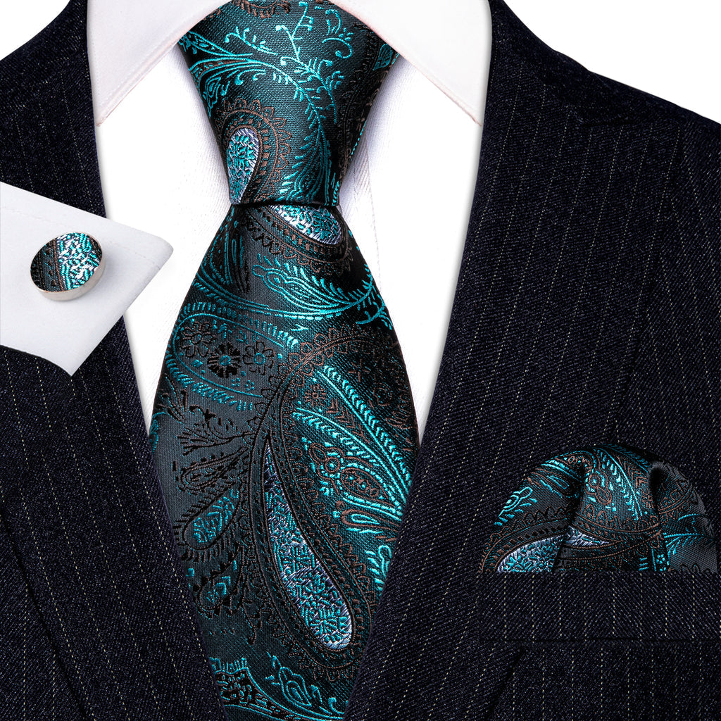 Black Blue Paisley Silk Tie Set - GentCrest - View 3