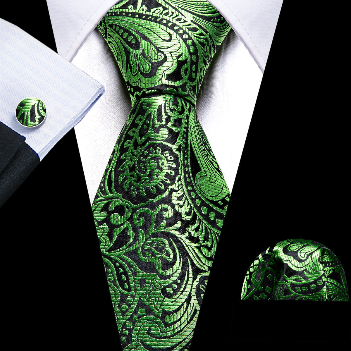 Green Black Paisley Silk Tie Set - GentCrest