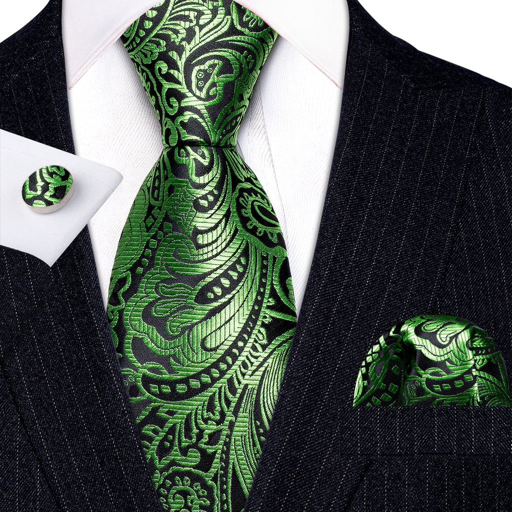 Green Black Paisley Silk Tie Set - GentCrest - View 2