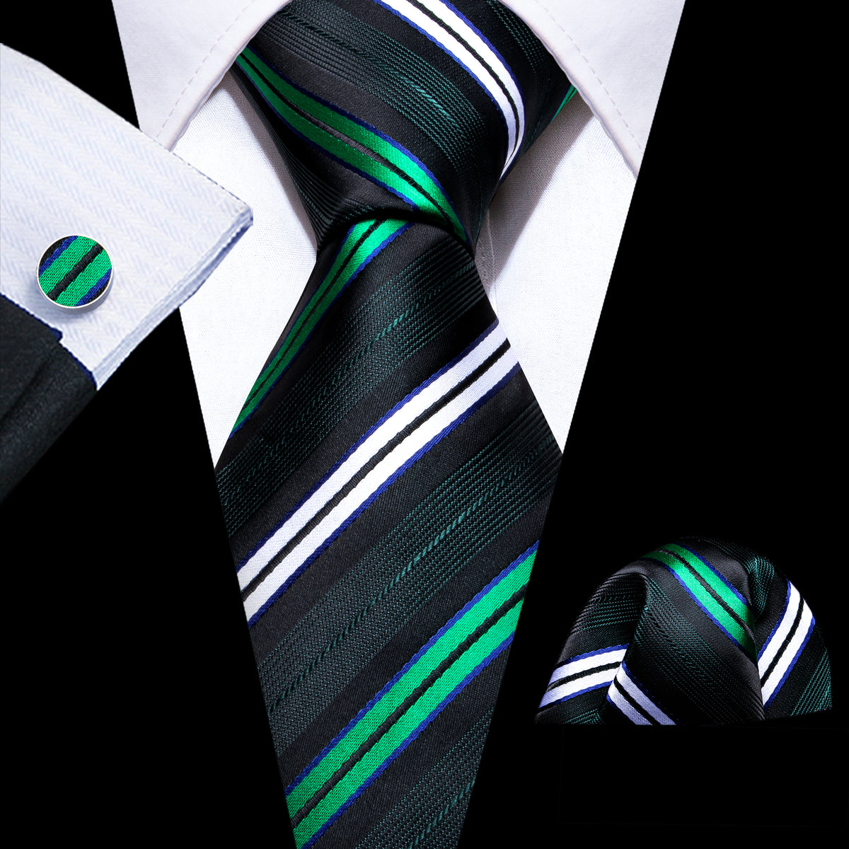 Green White Striped Silk Tie Set - GentCrest