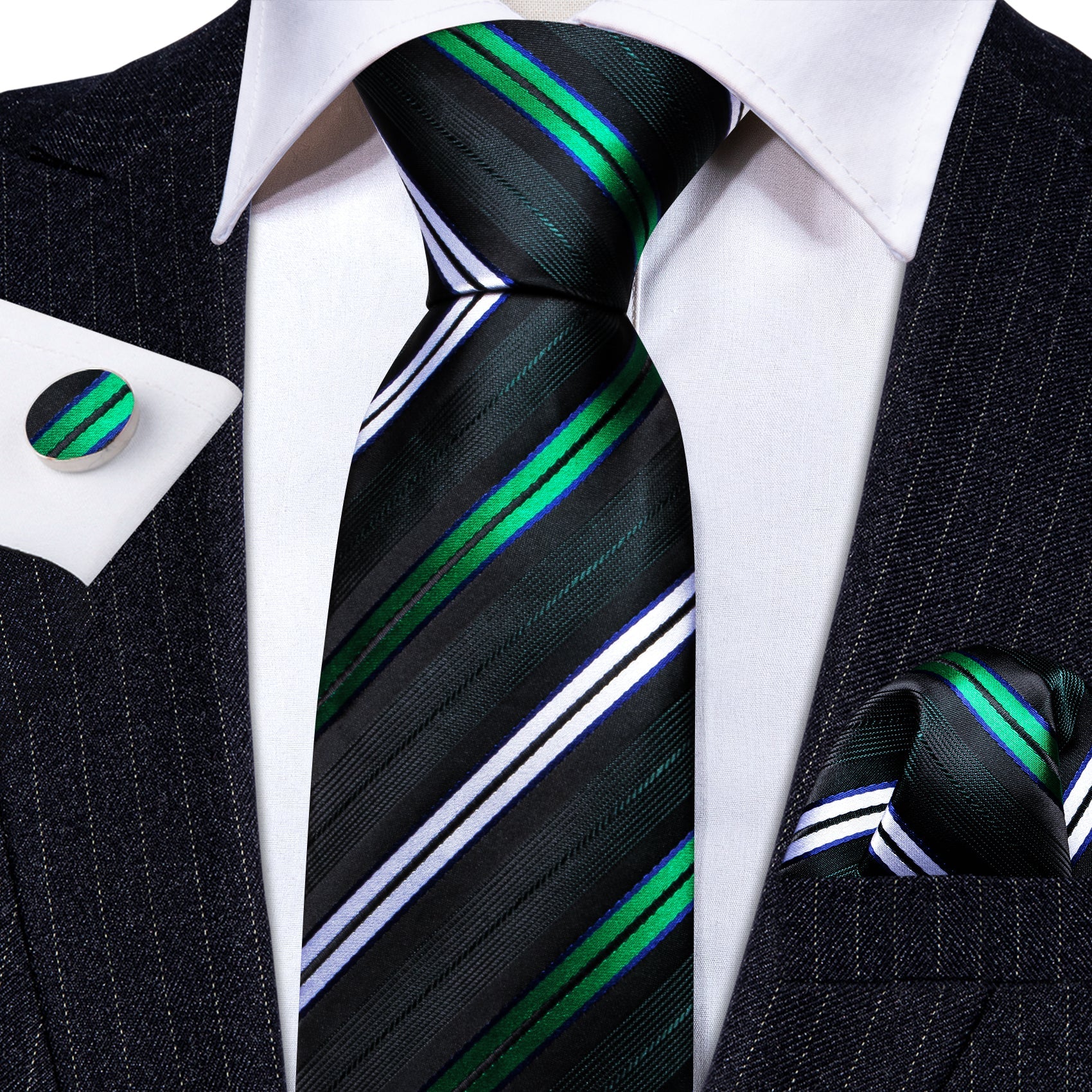 GentCrest Black Striped Tie Hanky Cufflinks Set - Image 2