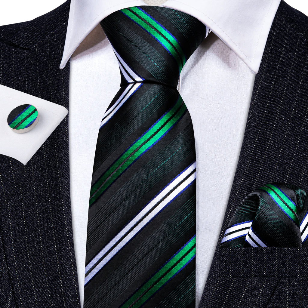 Green White Striped Silk Tie Set - GentCrest - View 2