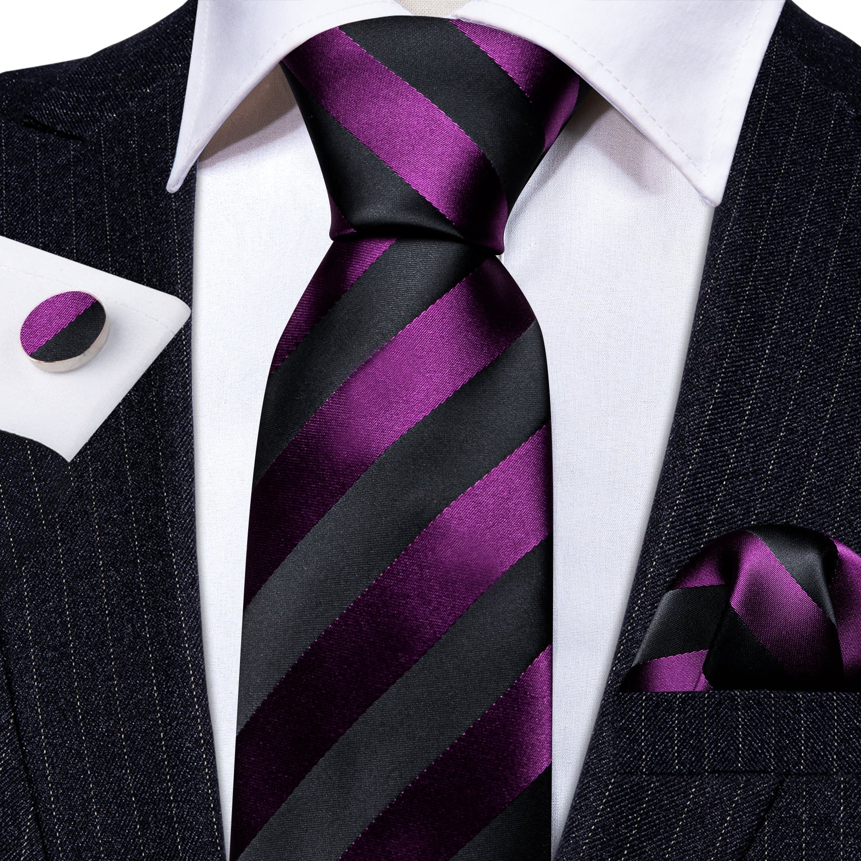 GentCrest Black Striped Tie Hanky Cufflinks Set - Image 2