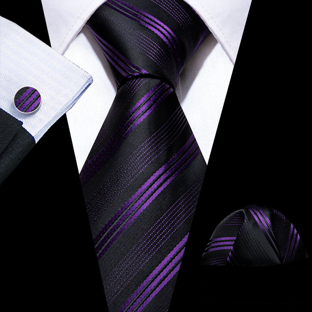 Black Purple Striped Silk Tie Set - GentCrest