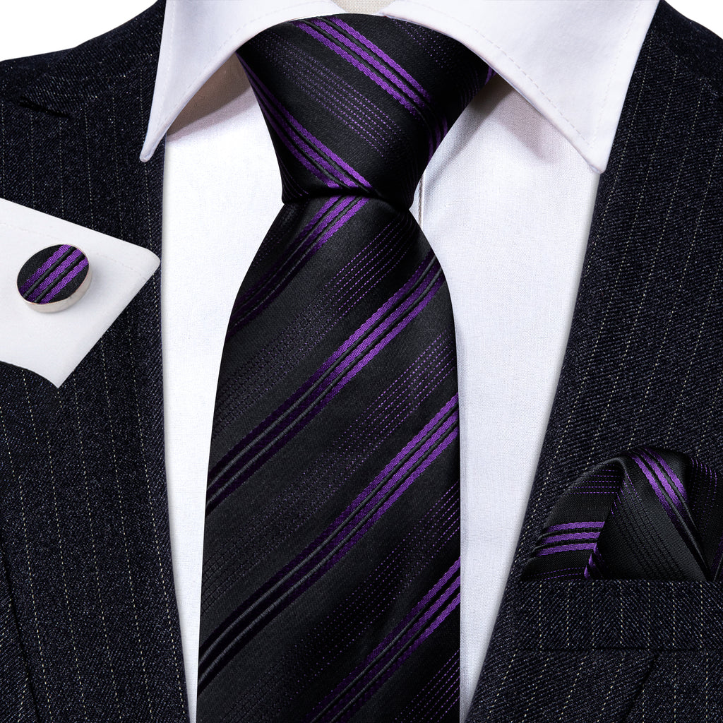 Black Purple Striped Silk Tie Set - GentCrest - View 2