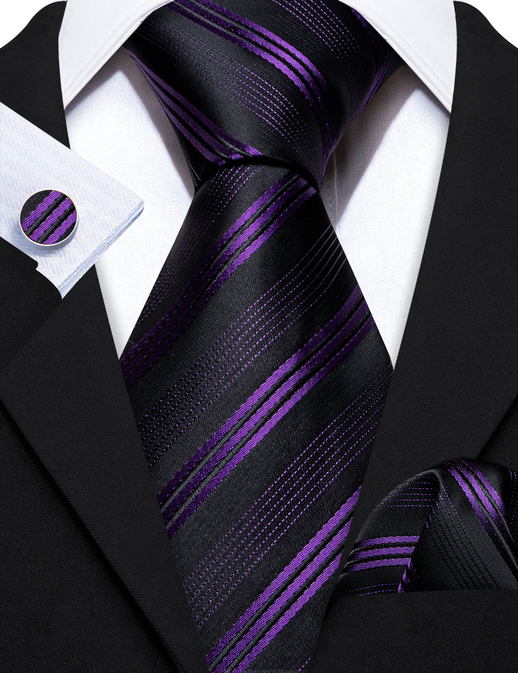 Black Purple Striped Silk Tie Set - GentCrest - View 4