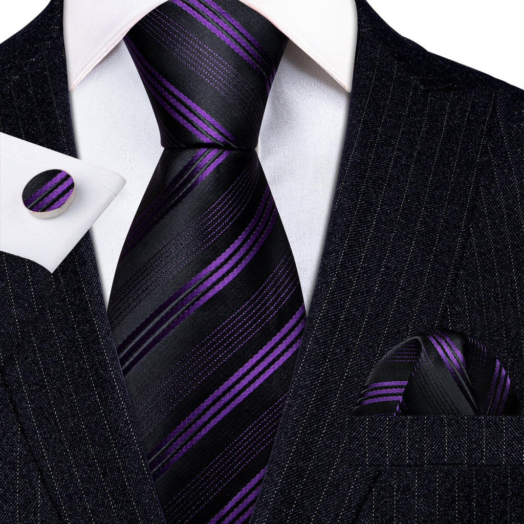 Black Purple Striped Silk Tie Set - GentCrest - View 3
