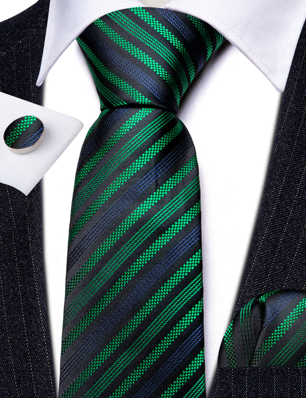 Black Green Blue Jacquard Striped Silk Tie Set - GentCrest - View 5