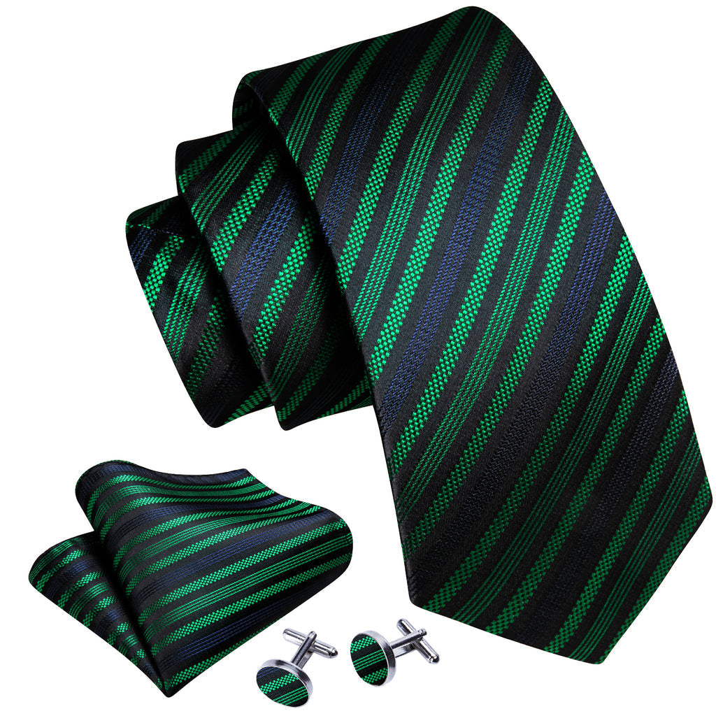 Black Green Blue Jacquard Striped Silk Tie Set - GentCrest - View 3