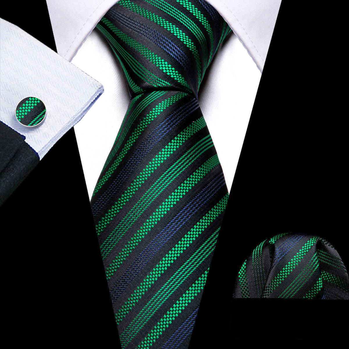Black Green Blue Jacquard Striped Silk Tie Set - GentCrest