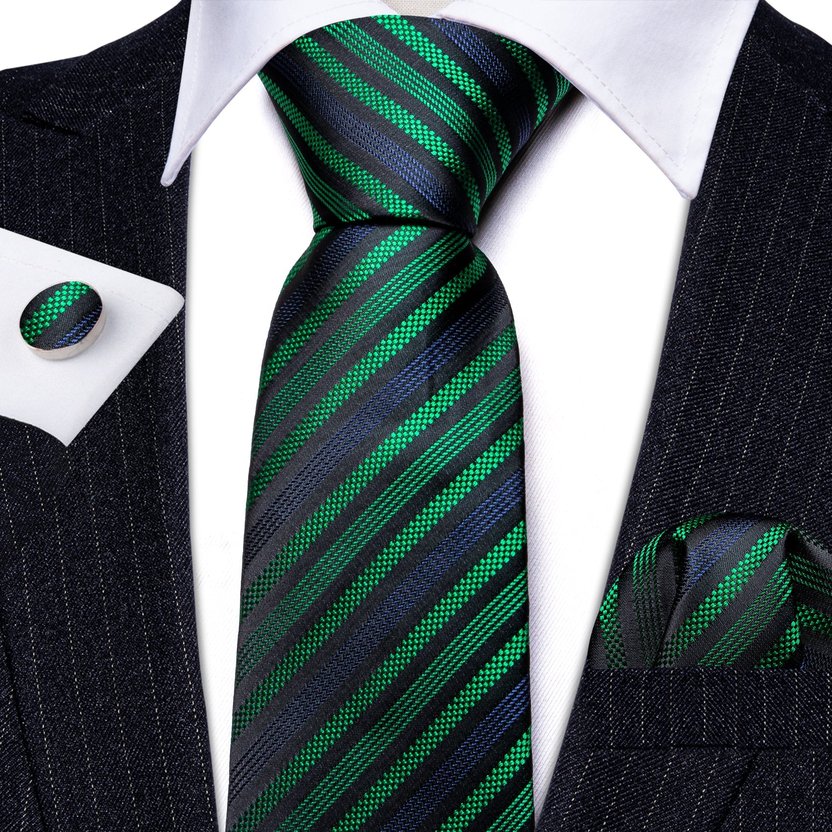 GentCrest Black Striped Tie Hanky Cufflinks Set - Image 2