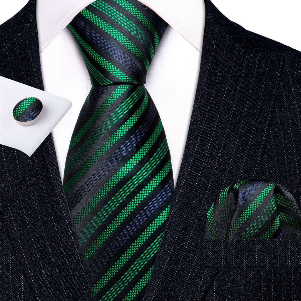 Black Green Blue Jacquard Striped Silk Tie Set - GentCrest - View 4