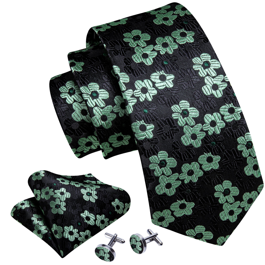 Black Light Green Floral Jacquard Silk Tie Set - GentCrest - View 3