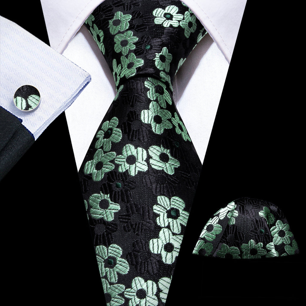 Black Light Green Floral Jacquard Silk Tie Set - GentCrest