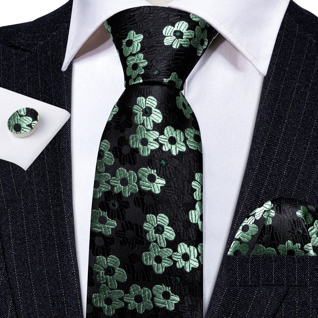 Black Light Green Floral Jacquard Silk Tie Set - GentCrest - View 2