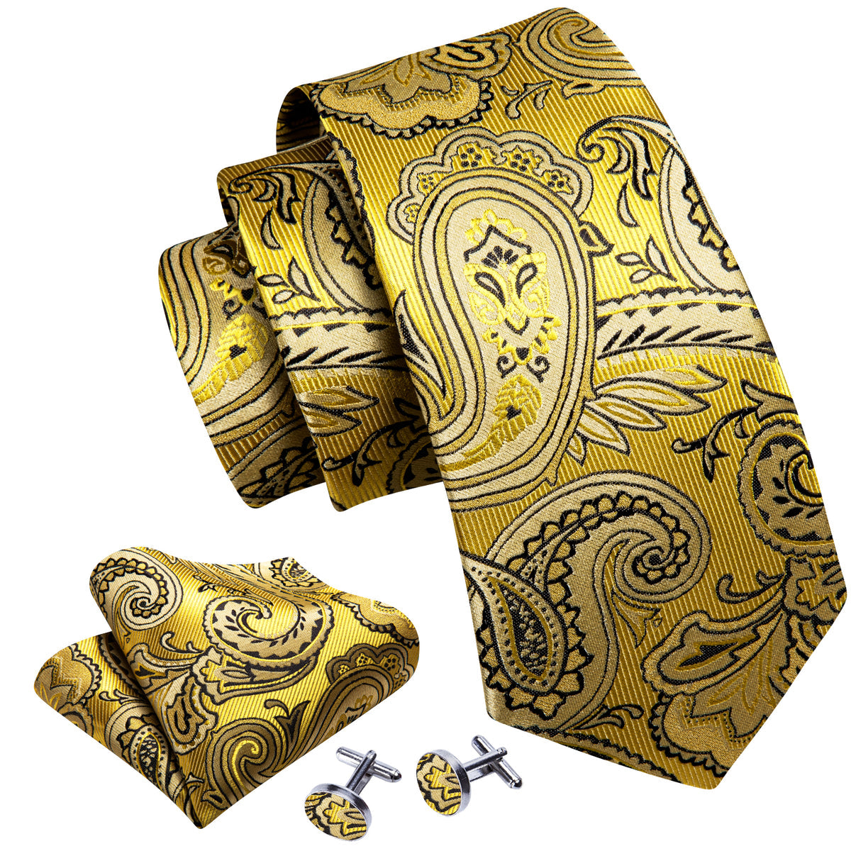 Yellow Black Silk Tie Set - GentCrest - View 6