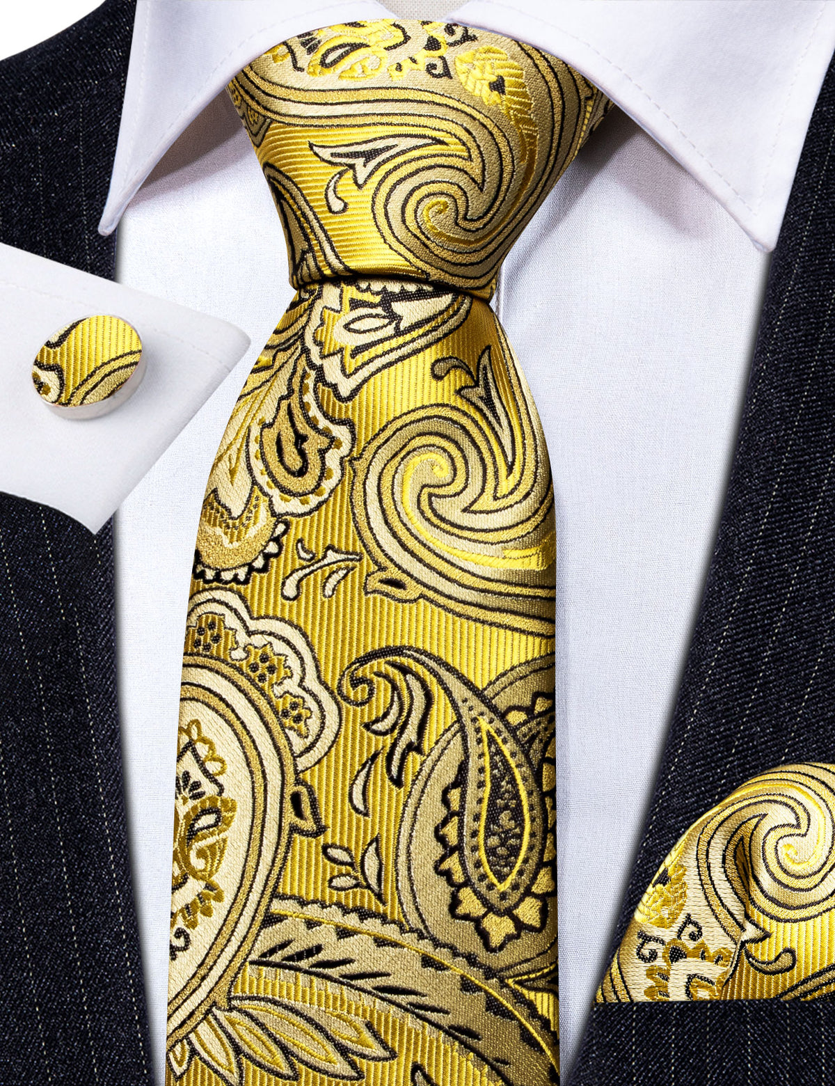 Yellow Black Silk Tie Set - GentCrest - View 4