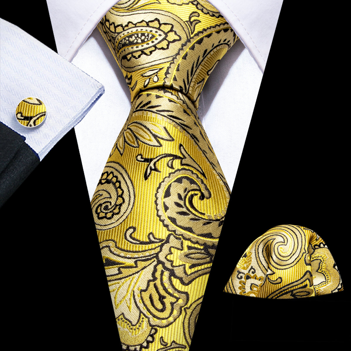 Yellow Black Silk Tie Set - GentCrest