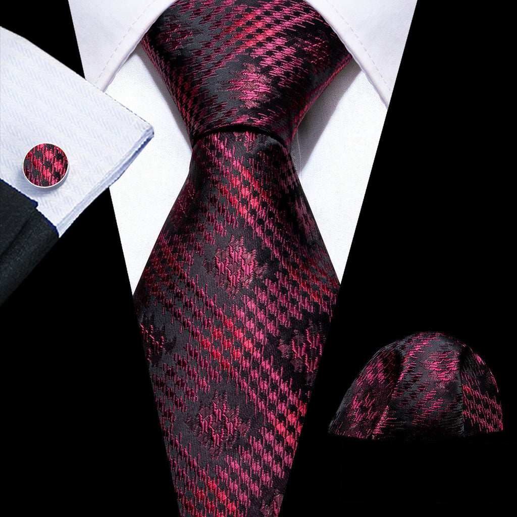 Black Red Novelty Silk Tie Set - GentCrest