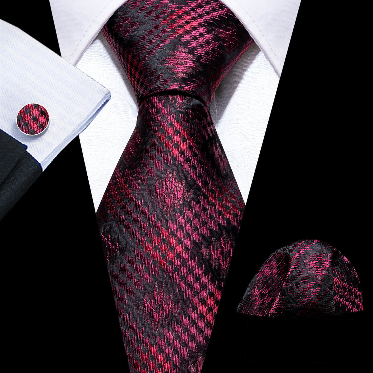 Black Red Novelty Silk Tie Set - GentCrest
