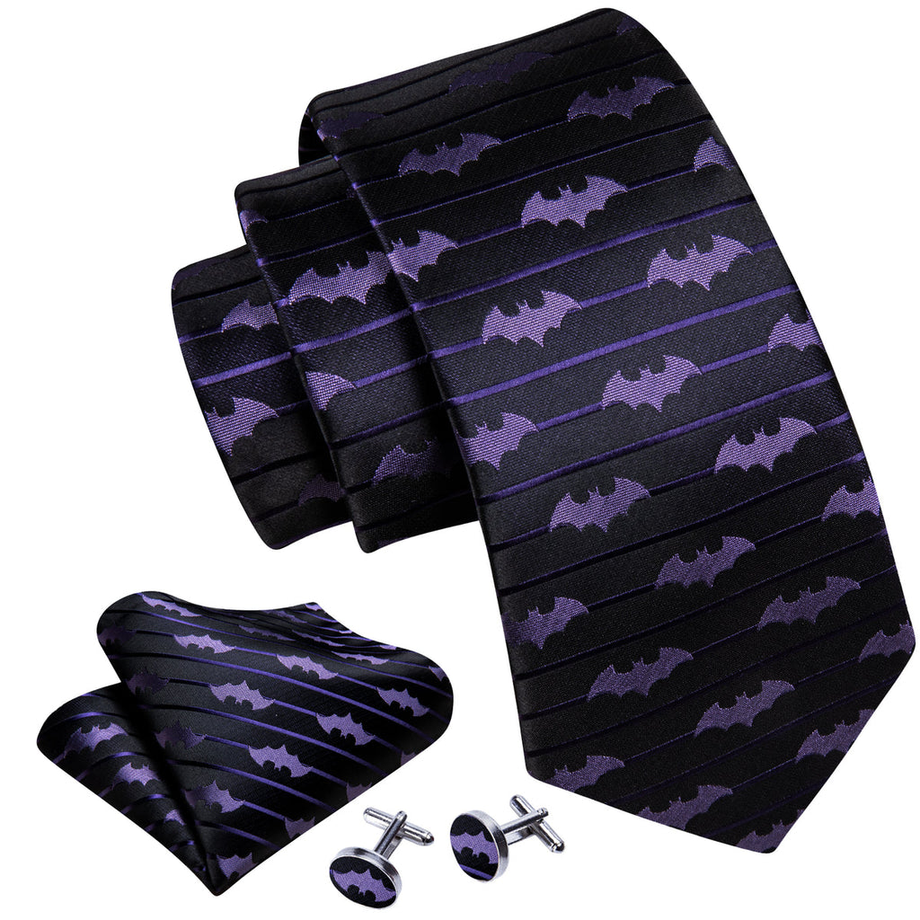 Black & Purple Silk Bat Novelty with Pocket Square and Cufflinks Silk Tie Set - GentCrest - View 2