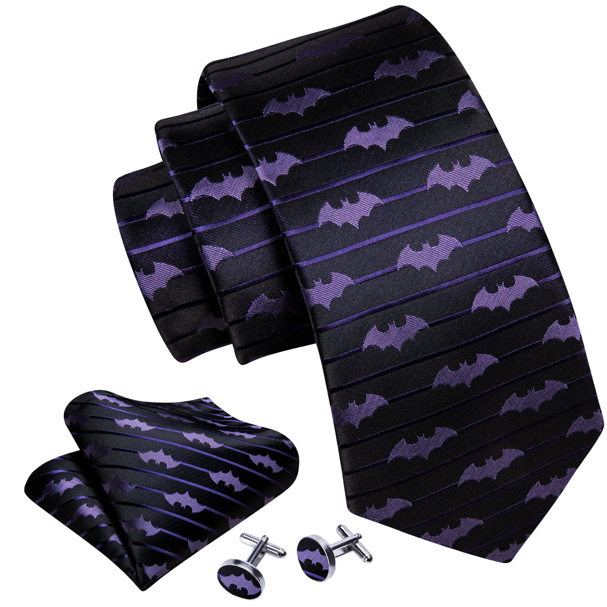 Black & Purple Silk Bat Novelty with Pocket Square and Cufflinks Silk Tie Set - GentCrest - View 2