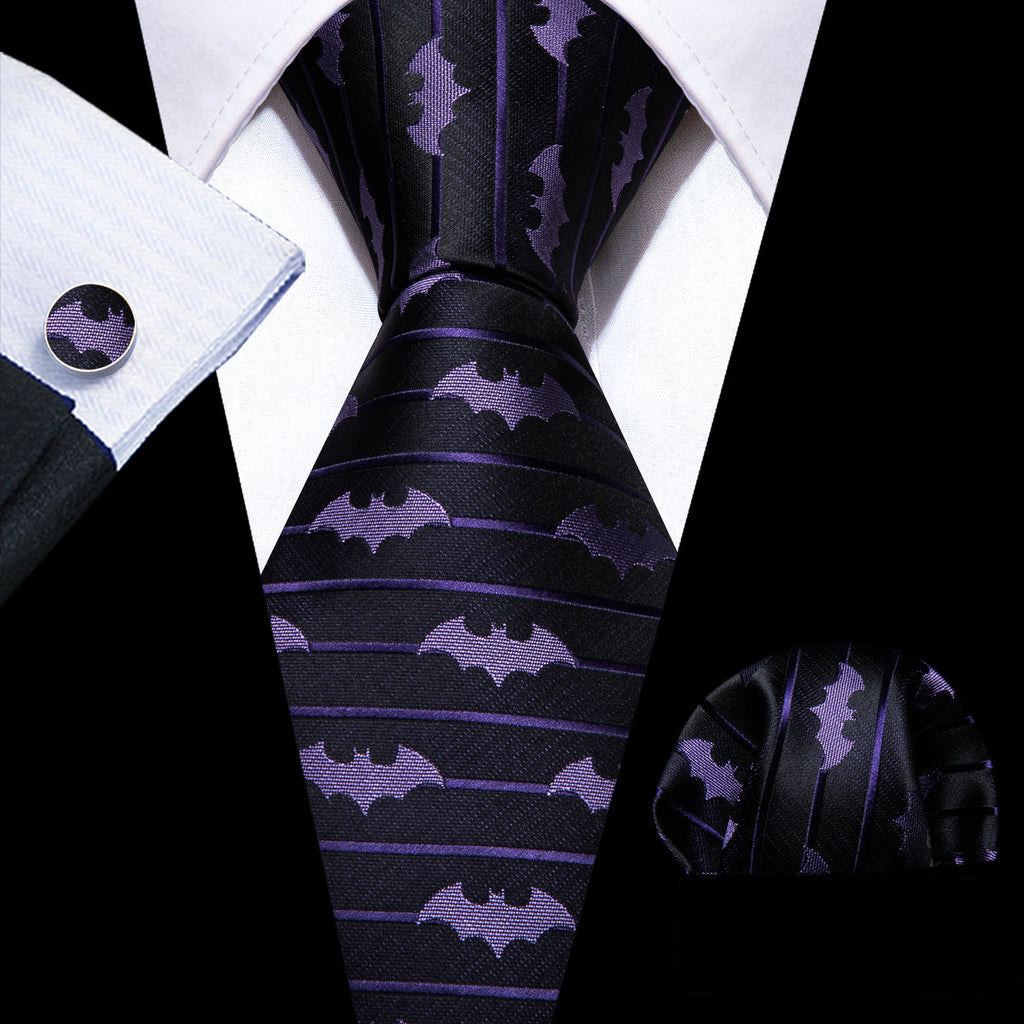 Black & Purple Silk Bat Novelty with Pocket Square and Cufflinks Silk Tie Set - GentCrest