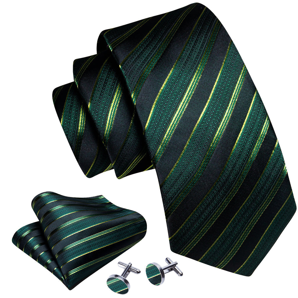 Light Green Black Striped Silk Tie Set - GentCrest - View 4
