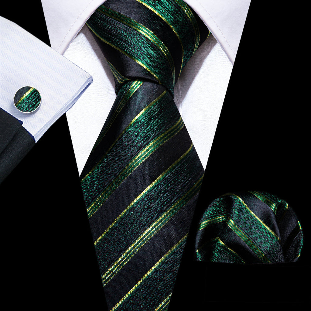 Light Green Black Striped Silk Tie Set - GentCrest