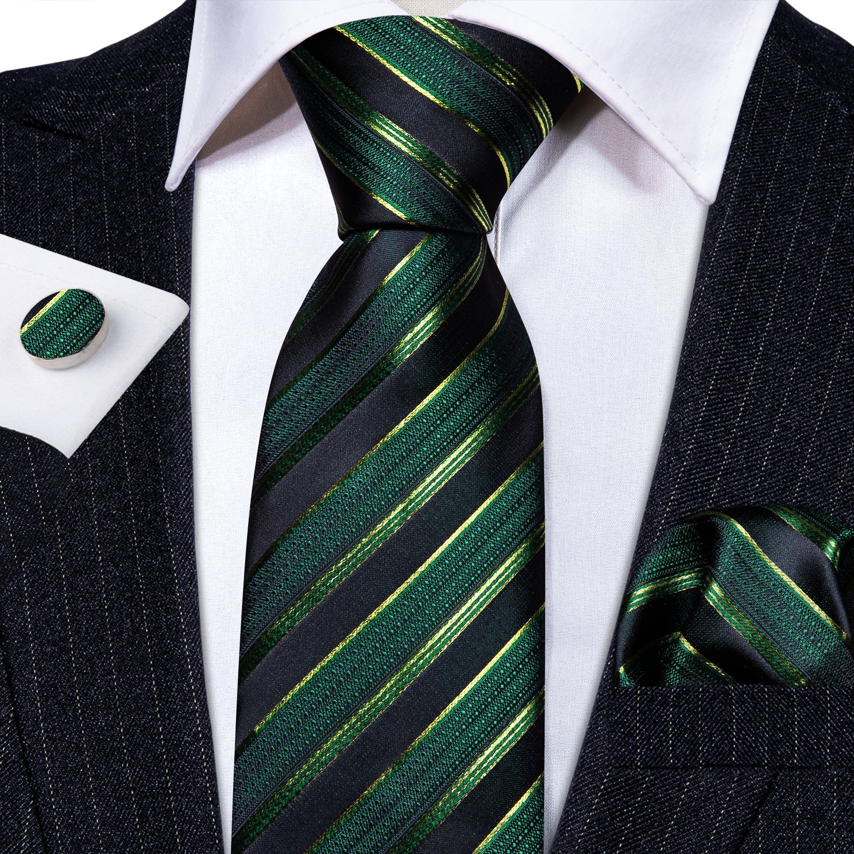 GentCrest Green Striped Tie Hanky Cufflinks Set - Image 3