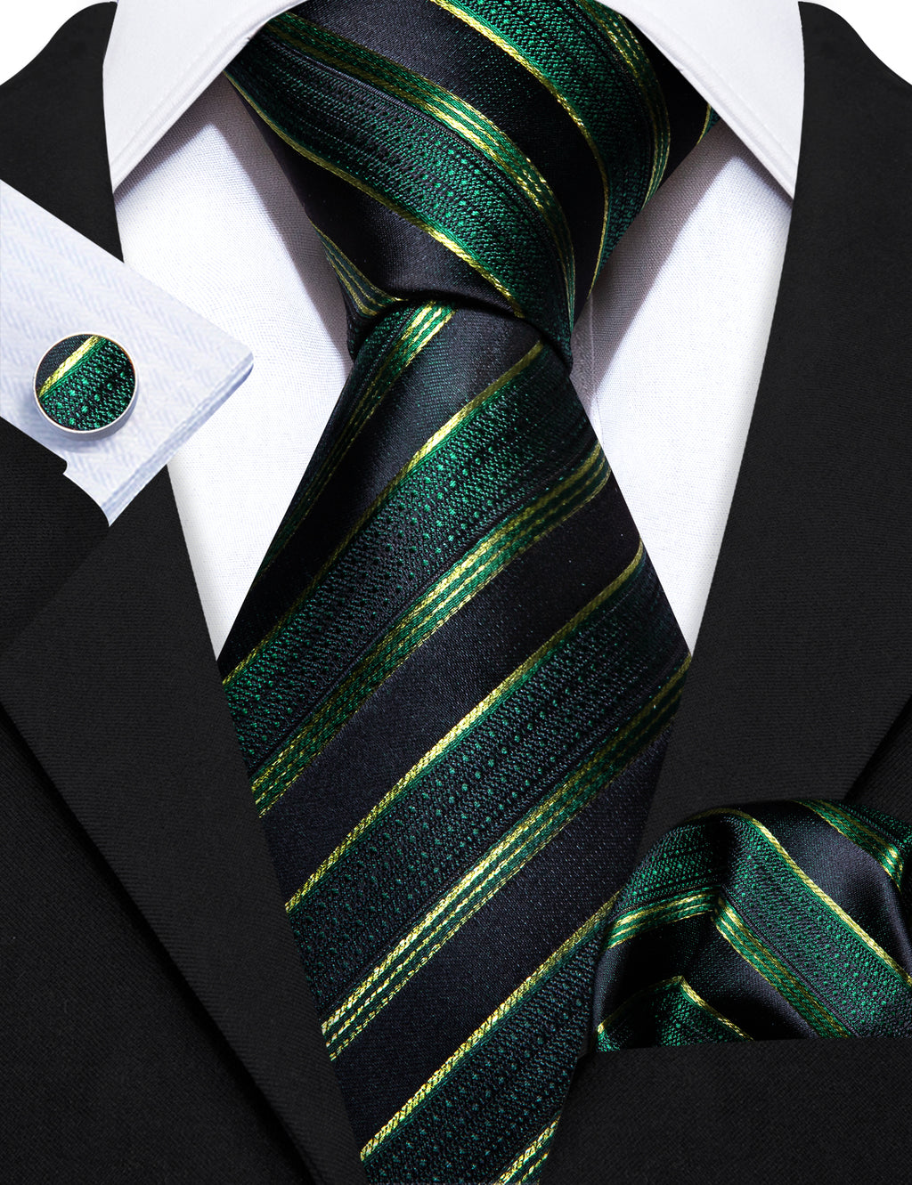 Light Green Black Striped Silk Tie Set - GentCrest - View 3