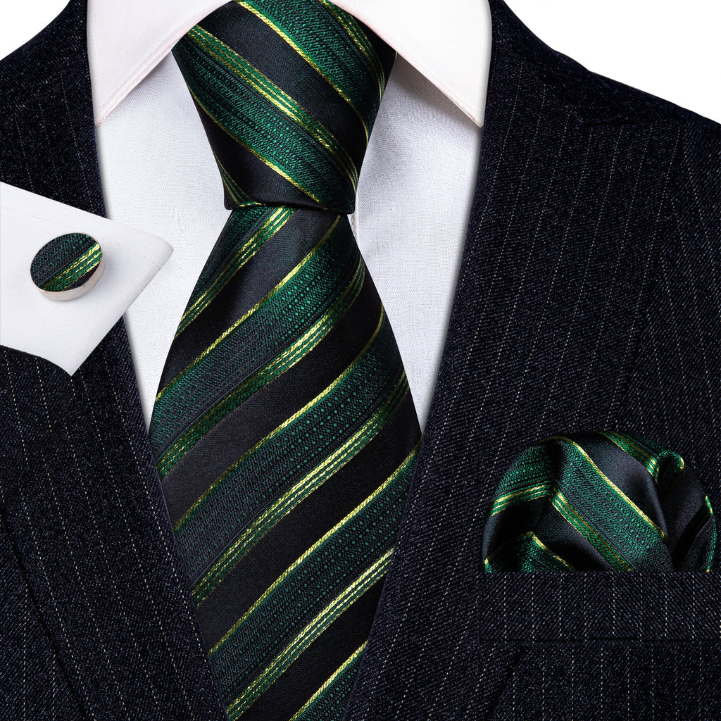 Light Green Black Striped Silk Tie Set - GentCrest - View 2
