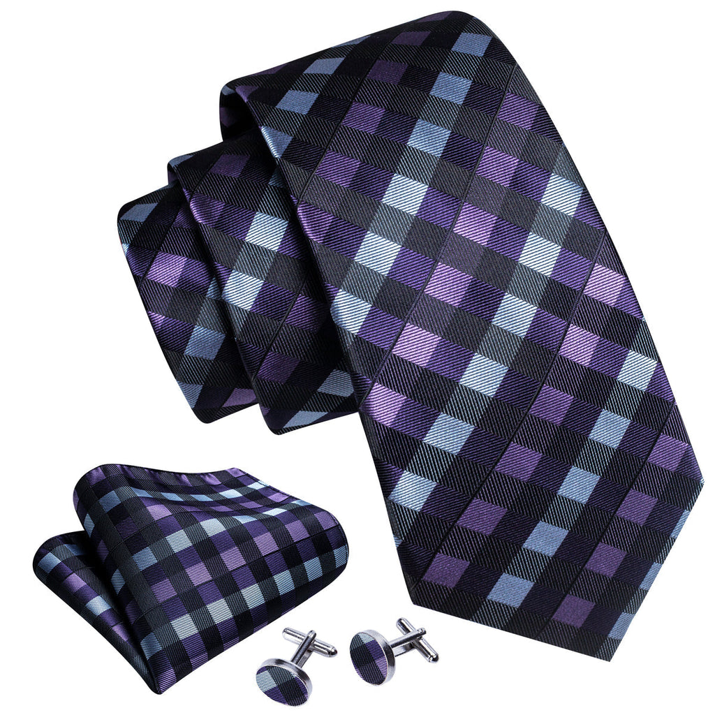 Black Purple Plaid Silk Tie Set - GentCrest - View 5