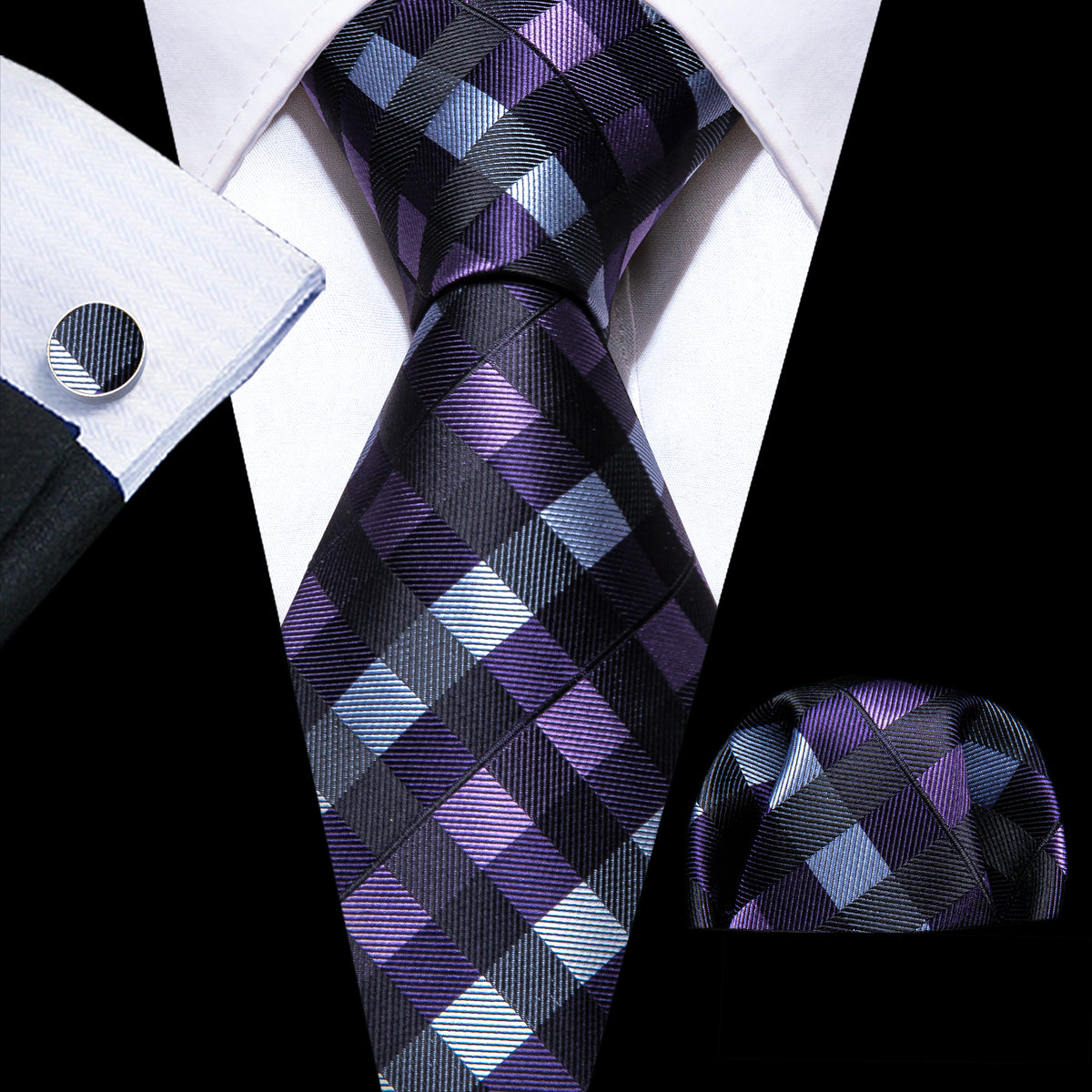 Black Purple Plaid Silk Tie Set - GentCrest